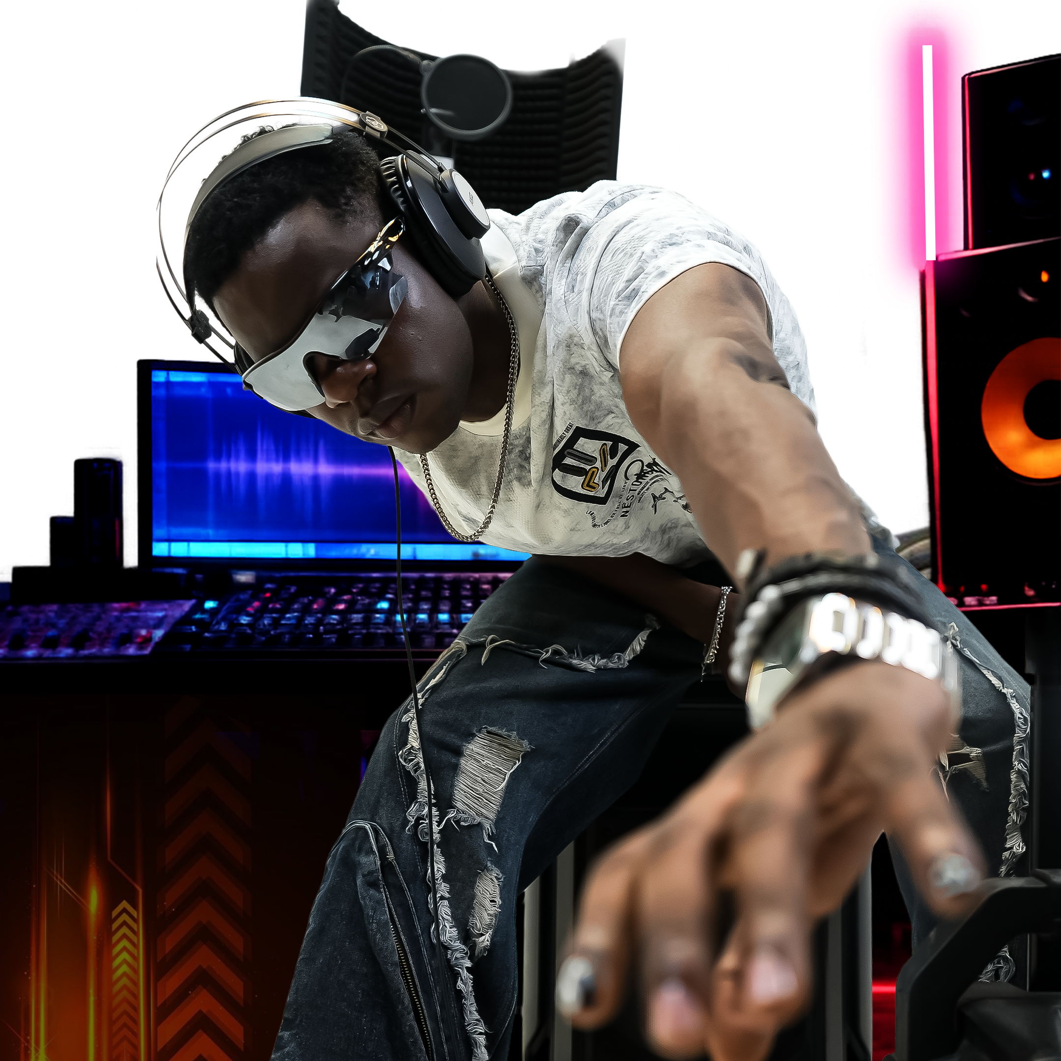 Artist in a recording studio wearing headphones
